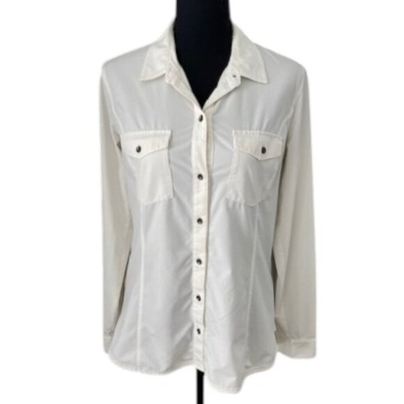 EDDIE BAUER Ivory Snow Travex Departure Stretch Long Sleeve Shirt Medium - Picture 1 of 9